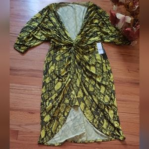New York &Co Soho Snake Print twist waist front Dress high low Deep V Medium NWT